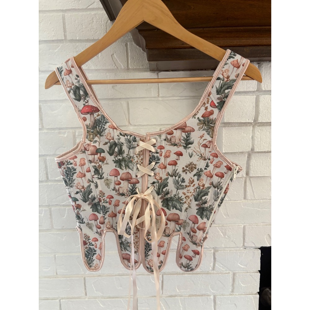 Scarlet Darkness Mushroom Floral Fairy Cottagecore Lace-up Corset Khaki Size 6 - Picture 5 of 9